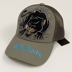 Ed Hardy Embroidered Panther Trucker Hat Light Olive Mesh Snapback Cap OS NWT